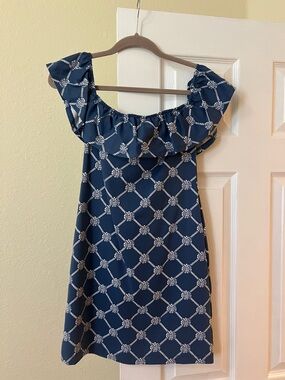 Navy One-Shoulder Ruffle Dress with White Knot Pattern